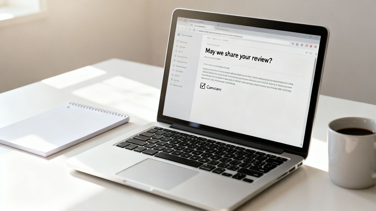 A laptop on a white desk displaying a web page asking to share a review, with a notebook and coffee mug.