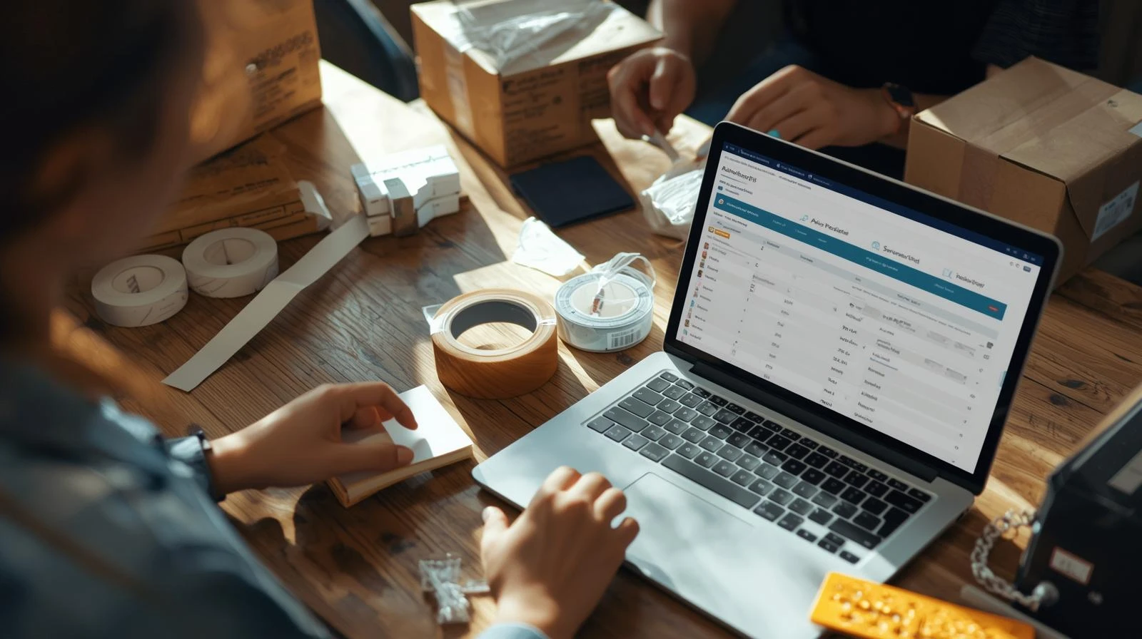 Small business owners using laptop for e-commerce feedback automation in workspace