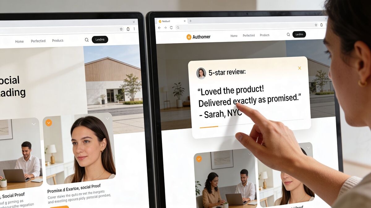A person pointing at a 5-star customer review displayed on a landing page design on computer monitors.