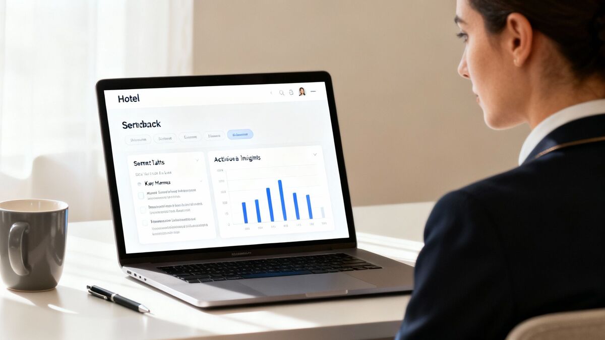Professional woman analyzing hotel performance data and customer feedback on a laptop screen.