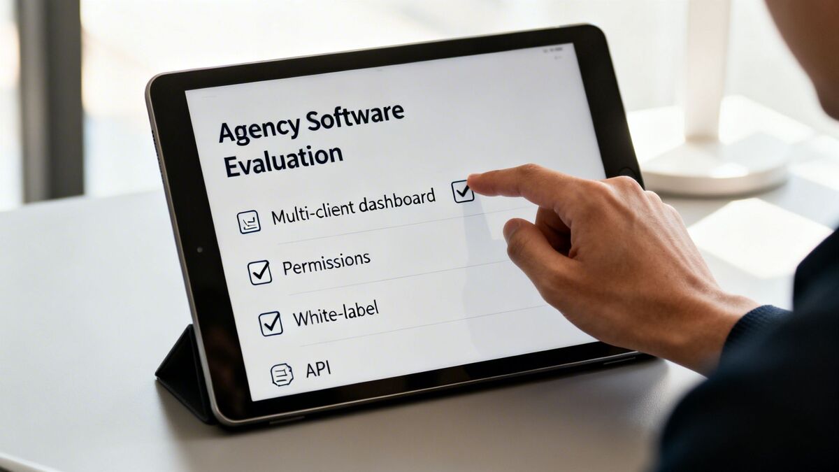 A person's hand checks 'Multi-client dashboard' on a tablet displaying an 'Agency Software Evaluation' checklist.