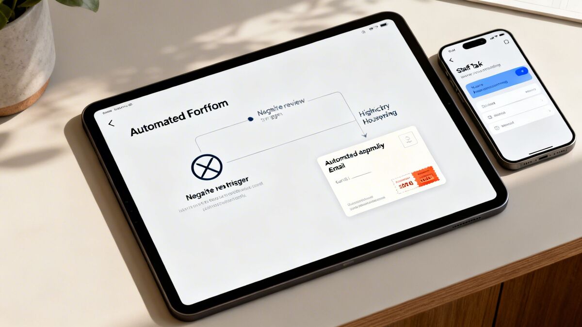 A tablet and phone on a desk, showing an automated workflow for feedback and a task app.