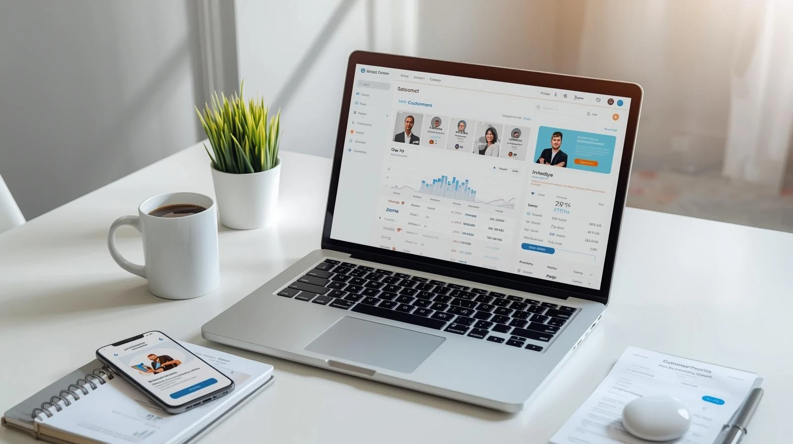 Laptop showing AI customer profiling dashboard with phone and coffee on desk