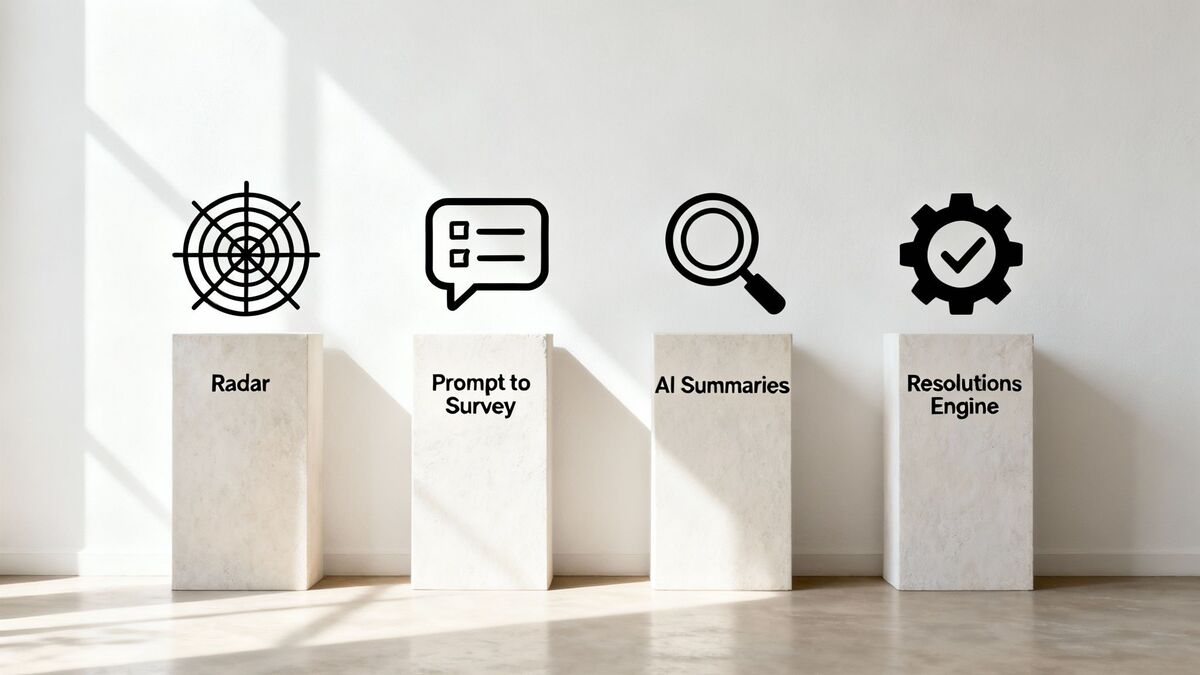 Four pedestals display icons and text: Radar, Prompt to Survey, AI Summaries, Resolutions Engine, depicting software features.