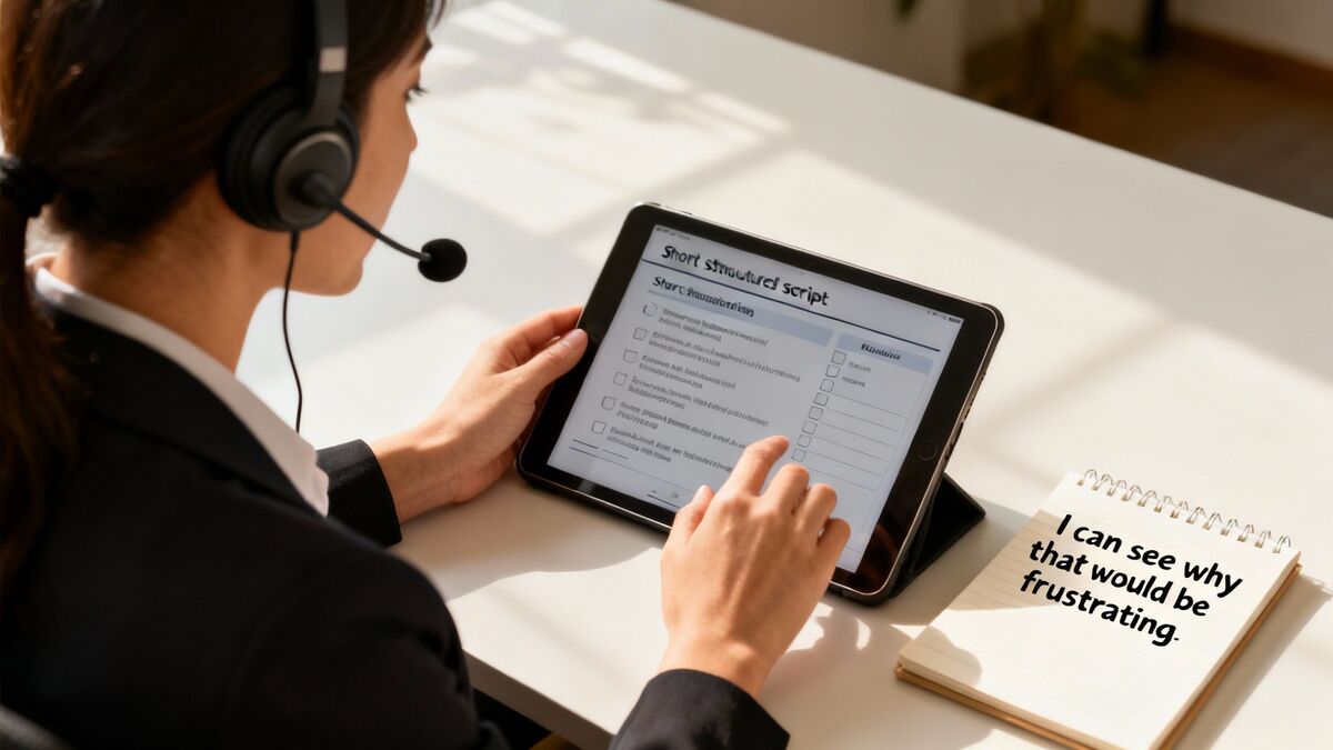 A customer service agent wearing a headset, using a tablet with a script and a notepad.