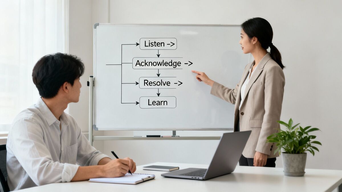 An Asian woman presents a problem-solving flowchart on a whiteboard to a man taking notes.