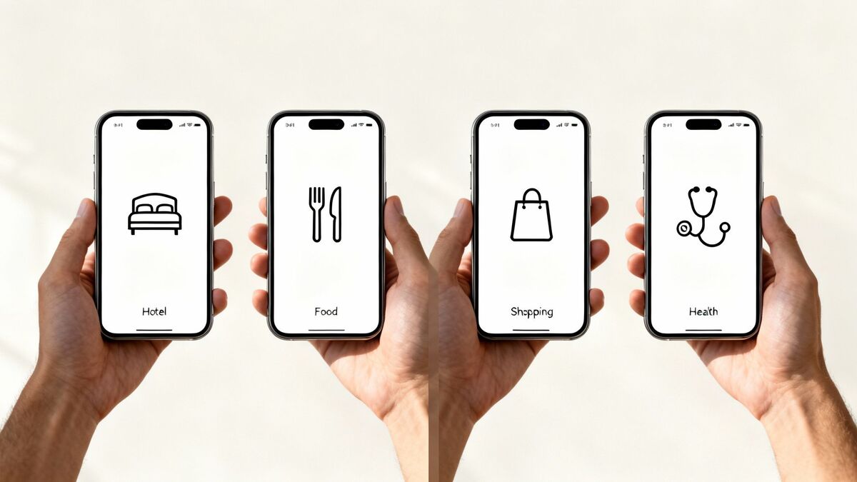 Four hands hold smartphones displaying icons for hotel, food, shopping, and health services.