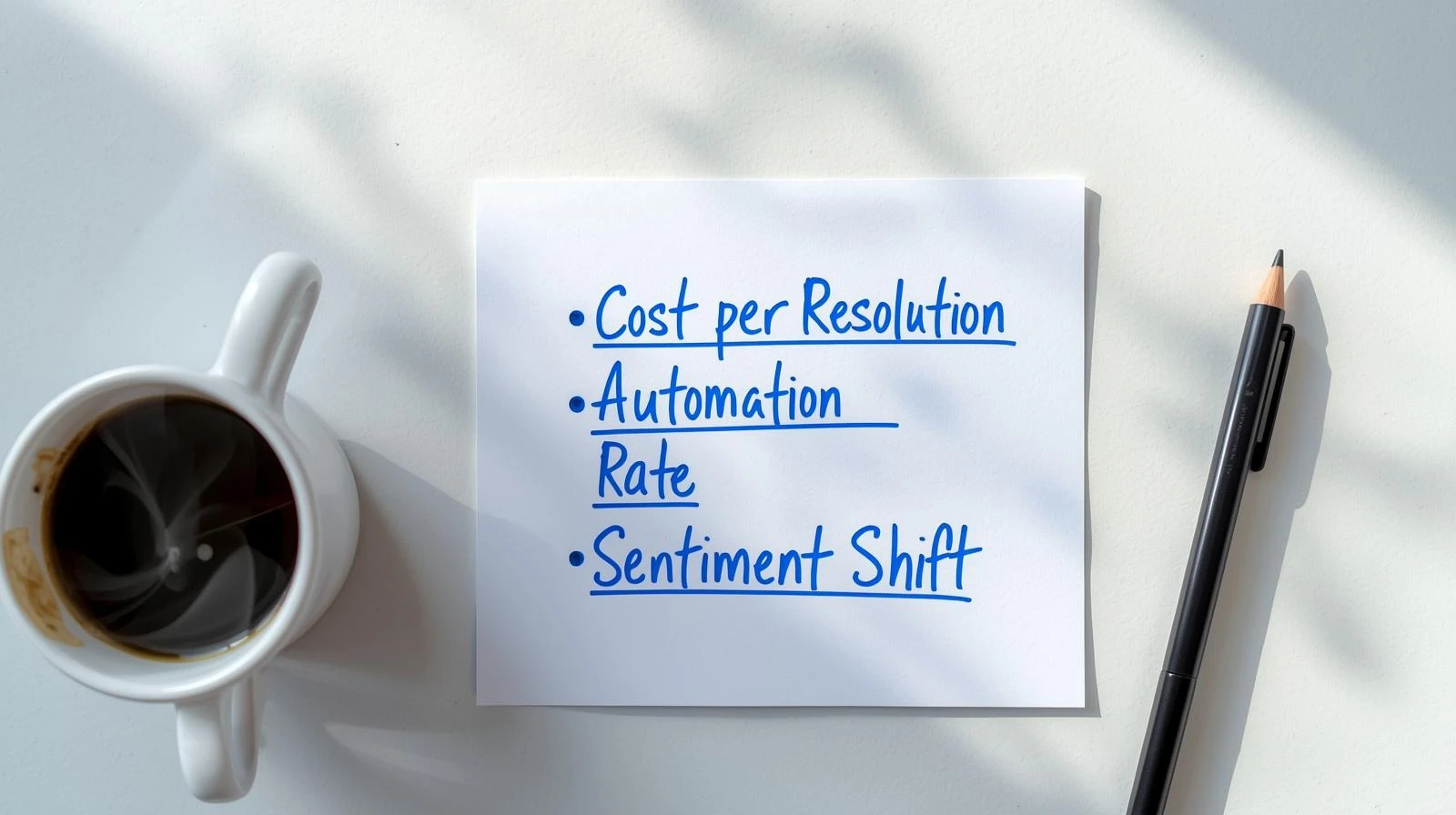 AI customer service metrics note with coffee and pencil on white desk