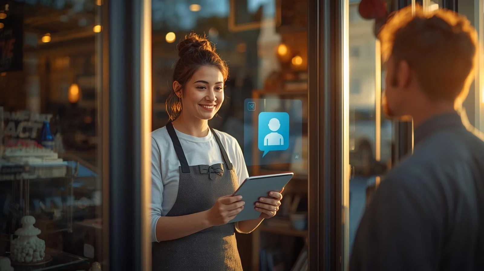Customer service employee using tablet with AI chat icon in store