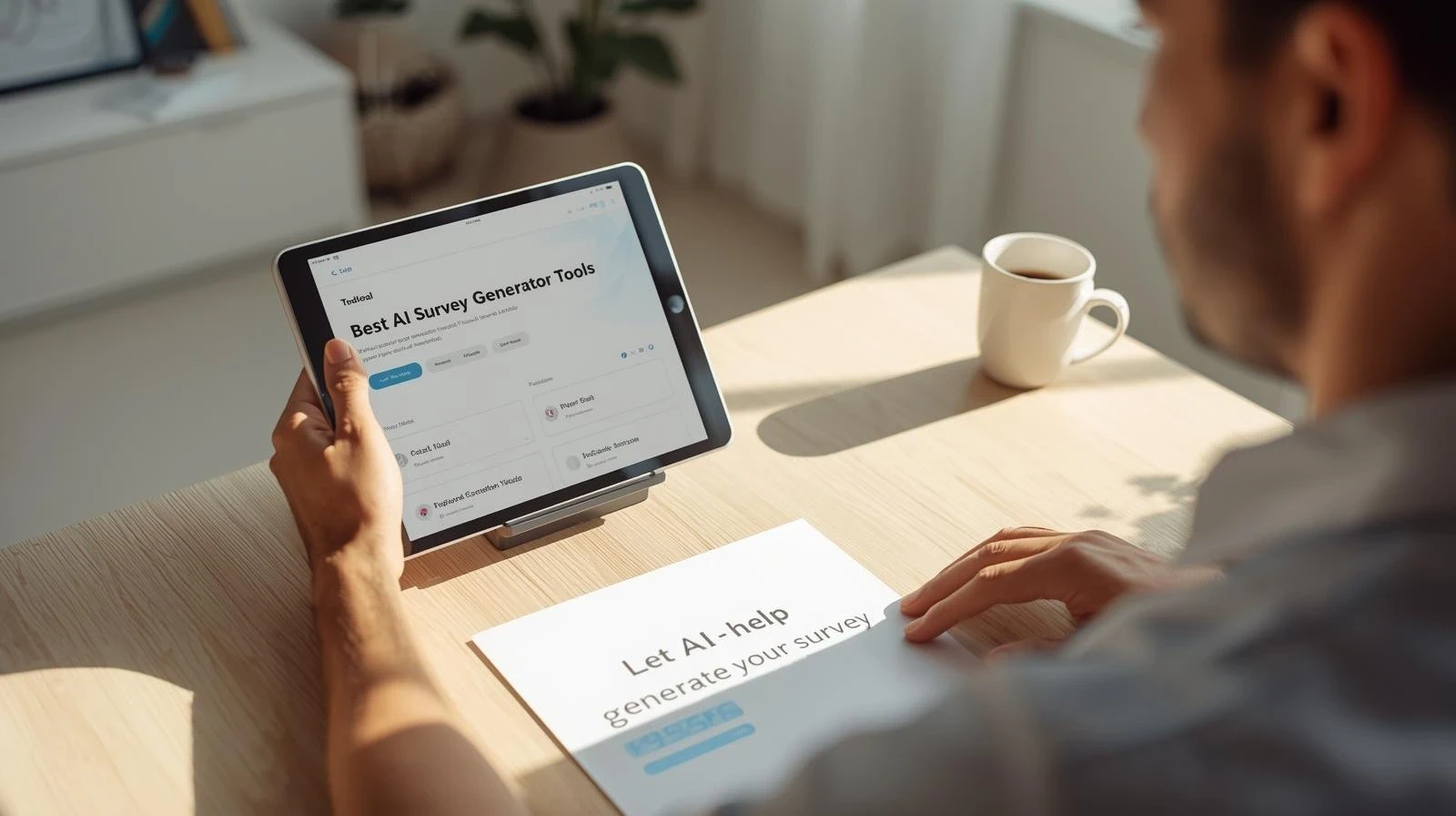 Person using tablet to browse best AI survey generator tools in bright modern workspace