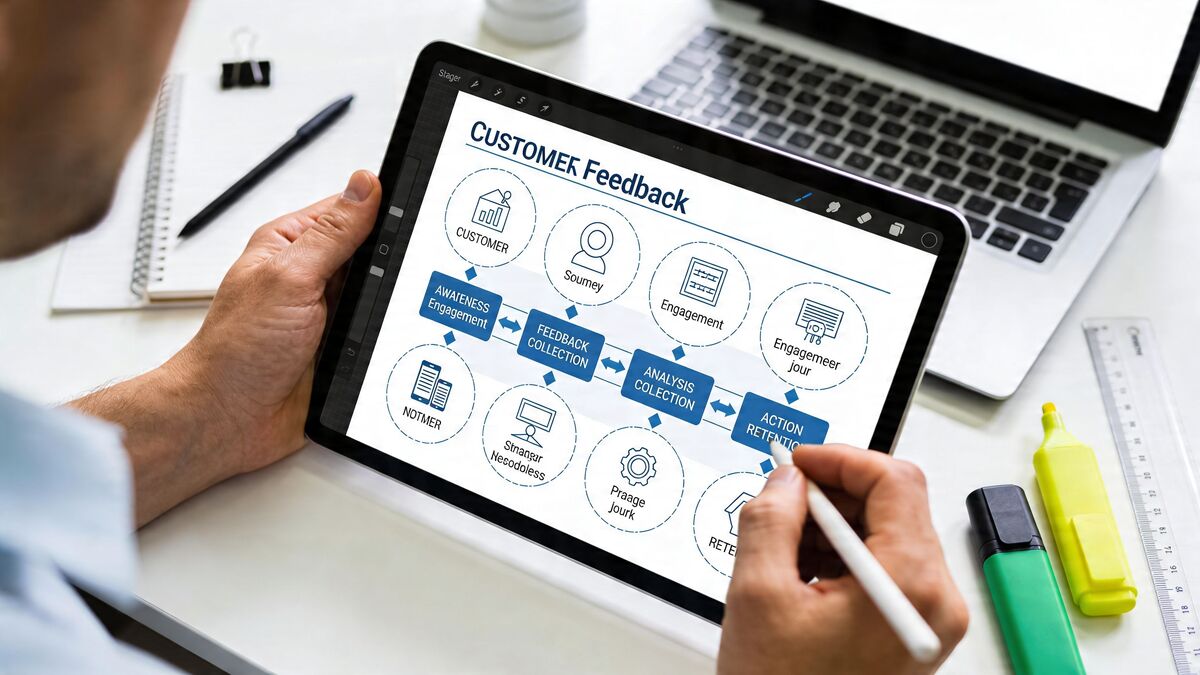 A person using a stylus on a tablet showing a customer feedback automation workflow chart.