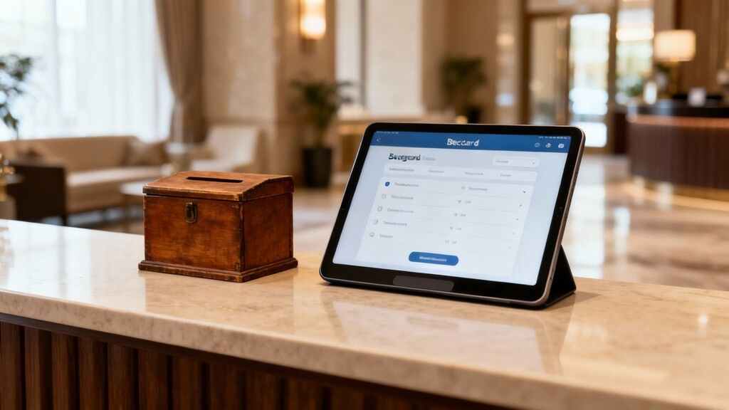 A wooden box and a tablet displaying a customer feedback system on a hotel reception desk.