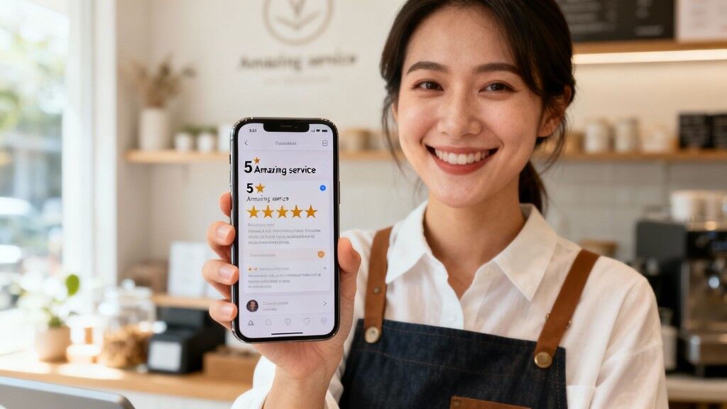 A smiling barista holds a smartphone displaying a 5-star review for amazing service in a café.