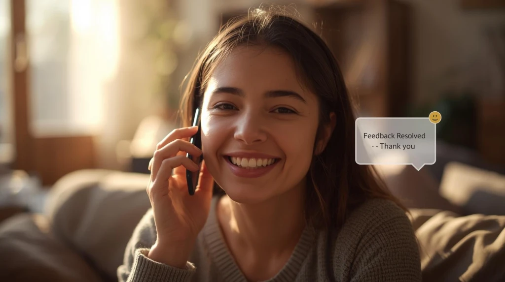 Happy customer on phone after real-time feedback resolution message