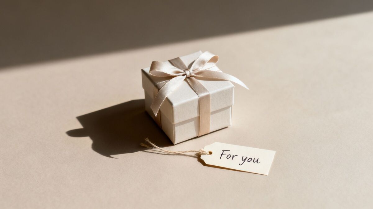 A small cream gift box with a satin bow and a 'For you' tag on a beige surface with shadows.