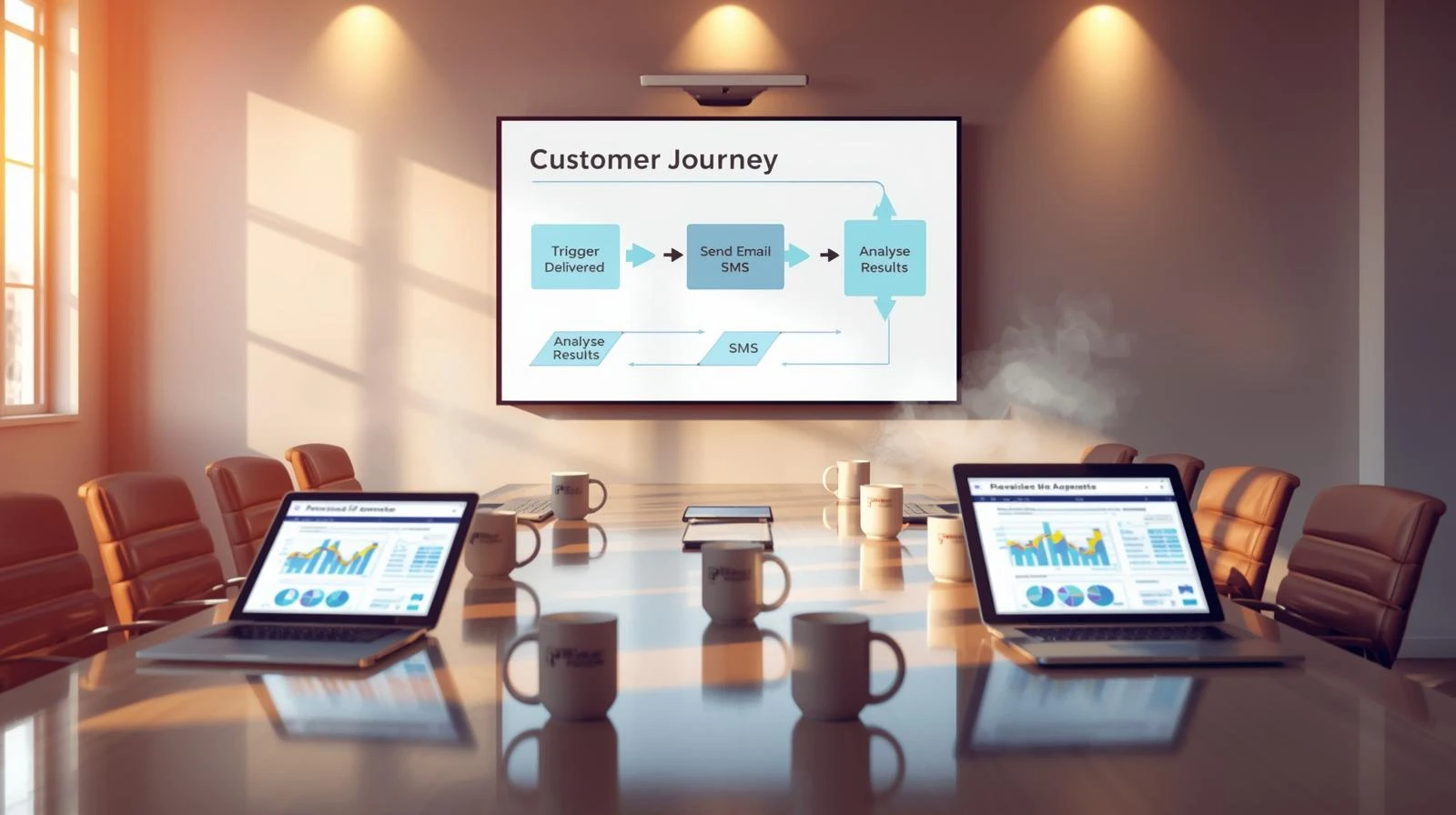 Conference room with laptops showing customer journey for post-purchase feedback automation