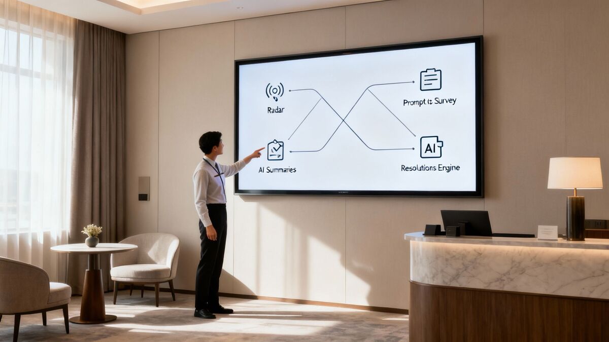 A man explains an AI-powered diagram on a large screen, detailing a survey and resolutions engine process.