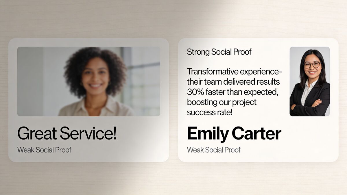 A landing page design comparing weak and strong social proof testimonials using text and portrait photos.