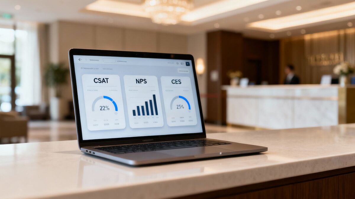 A laptop displaying customer service metrics like CSAT, NPS, and CES on a hotel counter.