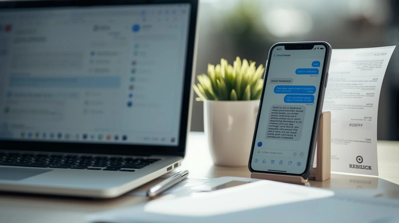 Laptop and phone displaying customer feedback messages on desk