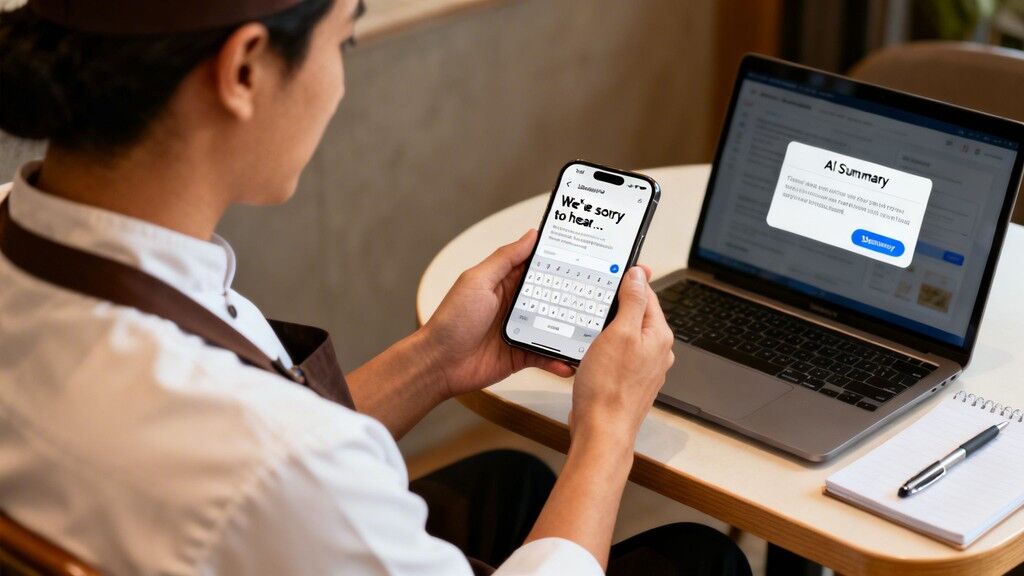 A person in a chef's uniform uses a smartphone while a laptop displays an 'AI Summary' pop-up.