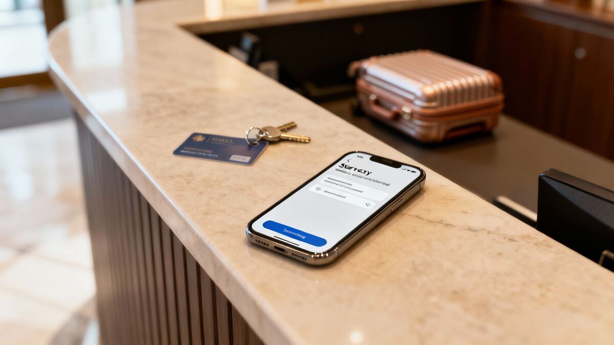 A smartphone running a survey app rests on a reception desk with hotel keys and a key card.