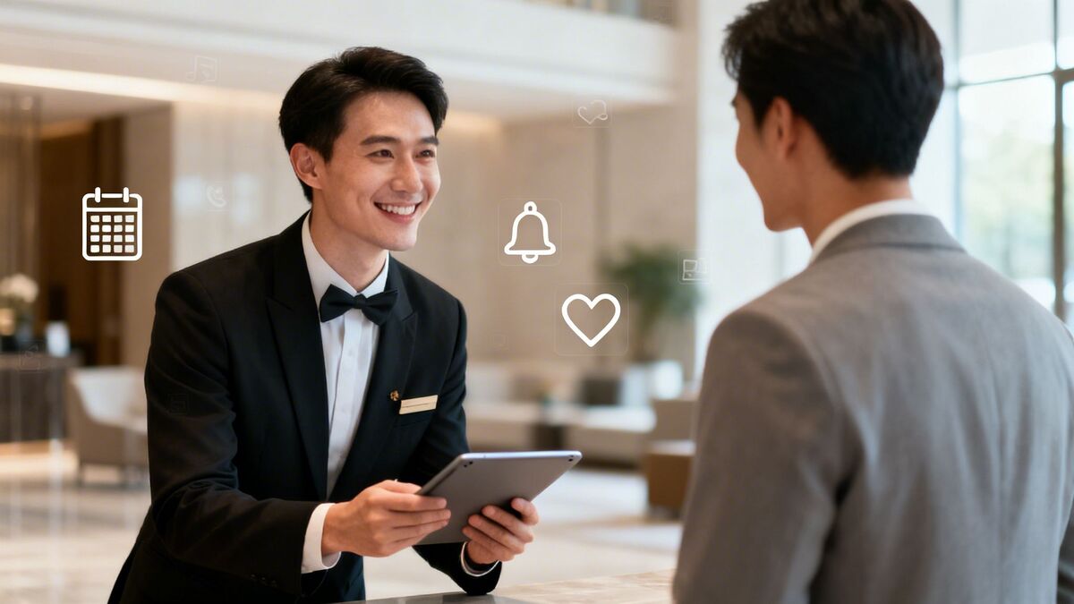 A smiling hotel staff member assists a guest with a tablet, surrounded by digital service icons.