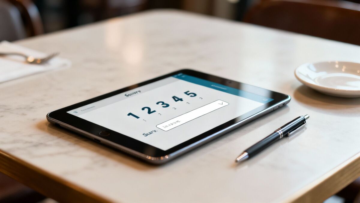 Smartphone displaying customer satisfaction survey with rating scale on notebook with pen