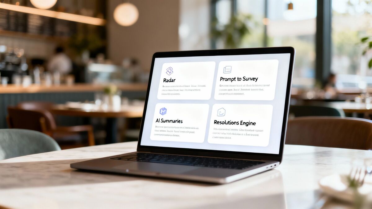 A laptop on a cafe table displays a customer feedback tool with features like Radar and AI Summaries.
