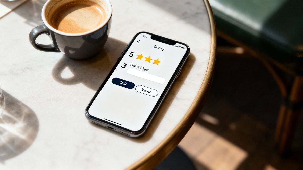 A smartphone displaying a feedback app with a star rating and text input, next to a coffee cup.