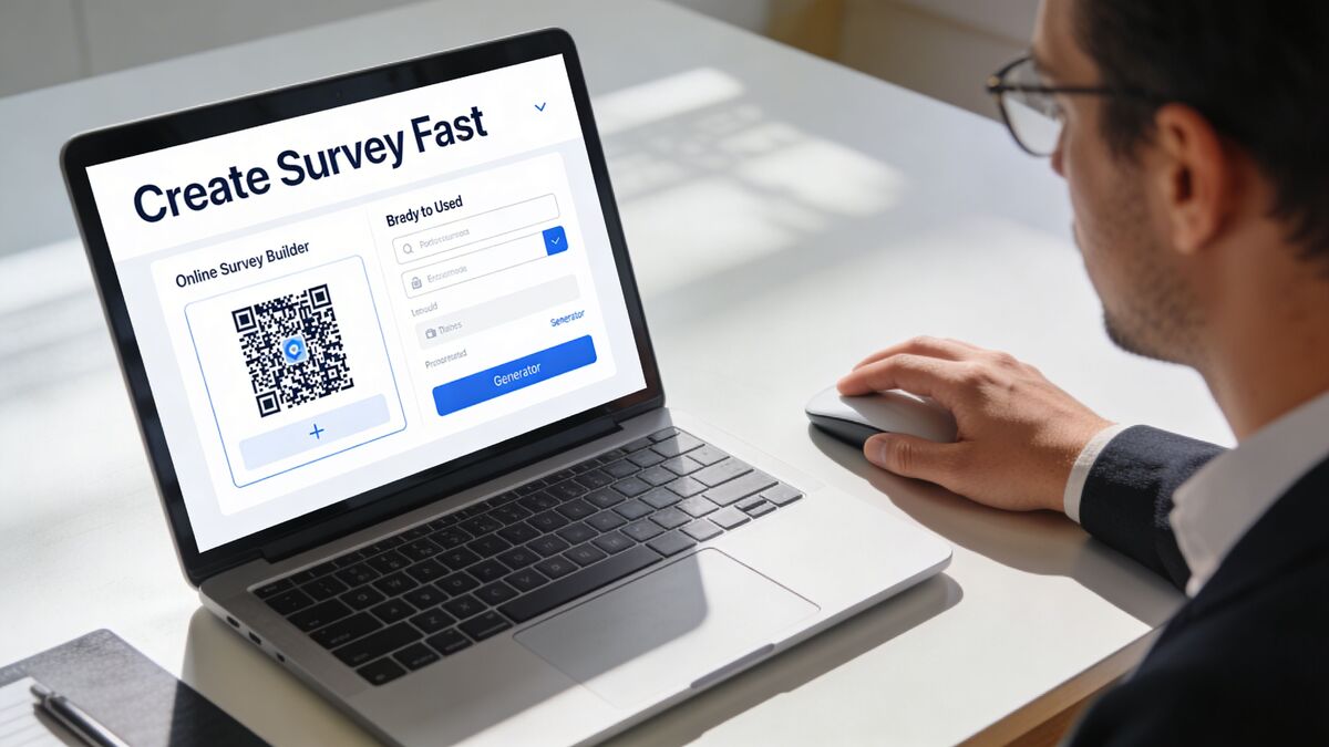 A professional man in a suit using a laptop to create a digital survey QR code.