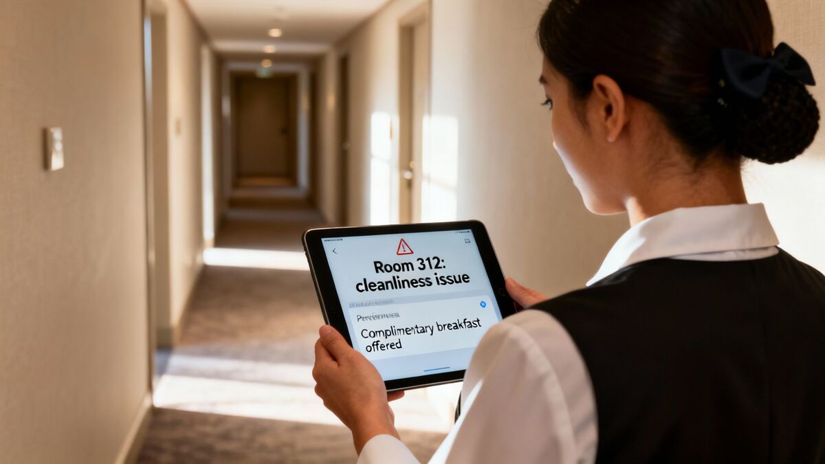 Hotel staff in a hallway checking a tablet displaying a cleanliness issue for room 312.