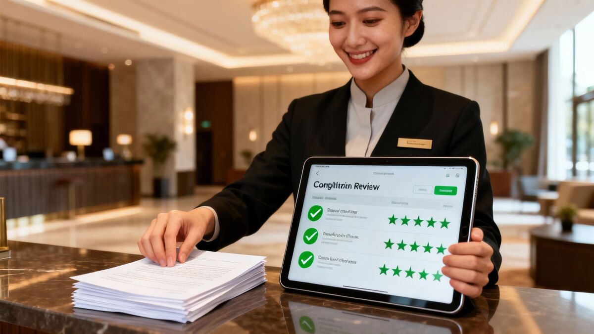 Smiling hotel staff member holds a tablet displaying a positive customer review screen with 5-star ratings.