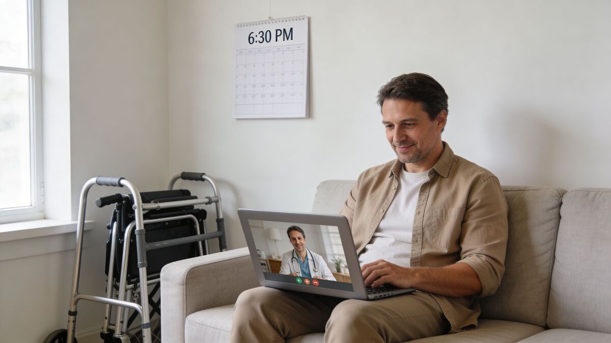 A middle-aged man sitting on a sofa while having a video consultation with his doctor on a laptop.