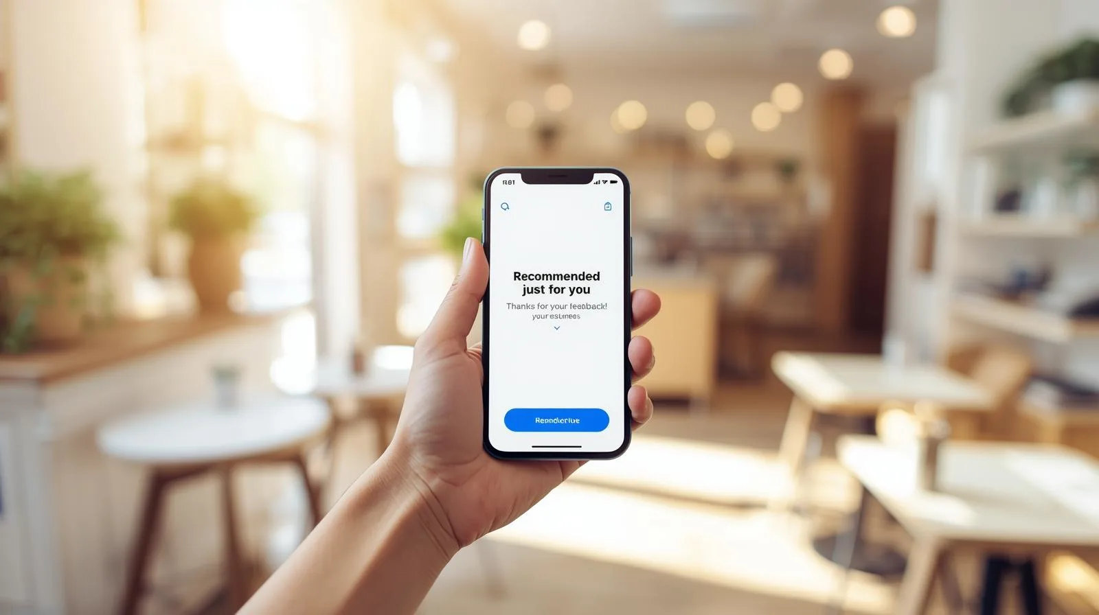 Hand holding smartphone showing AI recommendation message in cafe