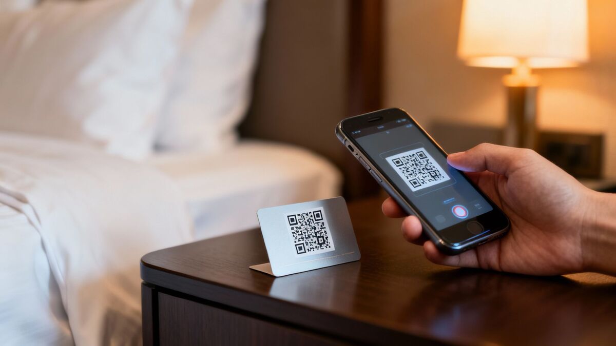 A hand holds a smartphone, scanning a QR code on a stand on a nightstand in a hotel room.