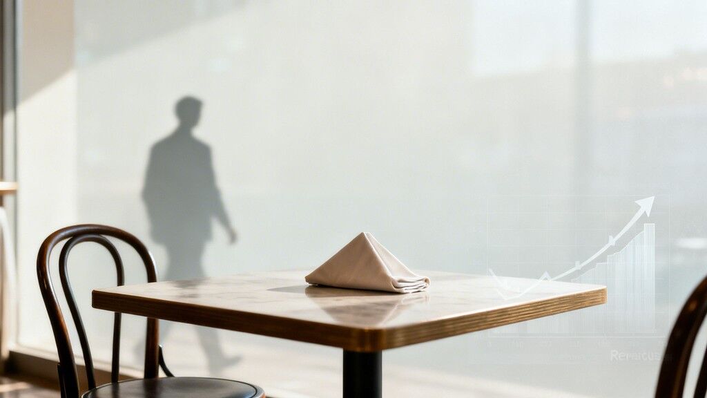 An empty cafe table with a folded napkin, a walking silhouette, and an overlayed growth chart.