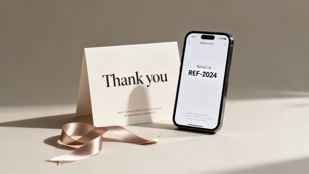 An elegant 'Thank you' card, smartphone displaying 'REF-2024', and a satin ribbon on a light surface.