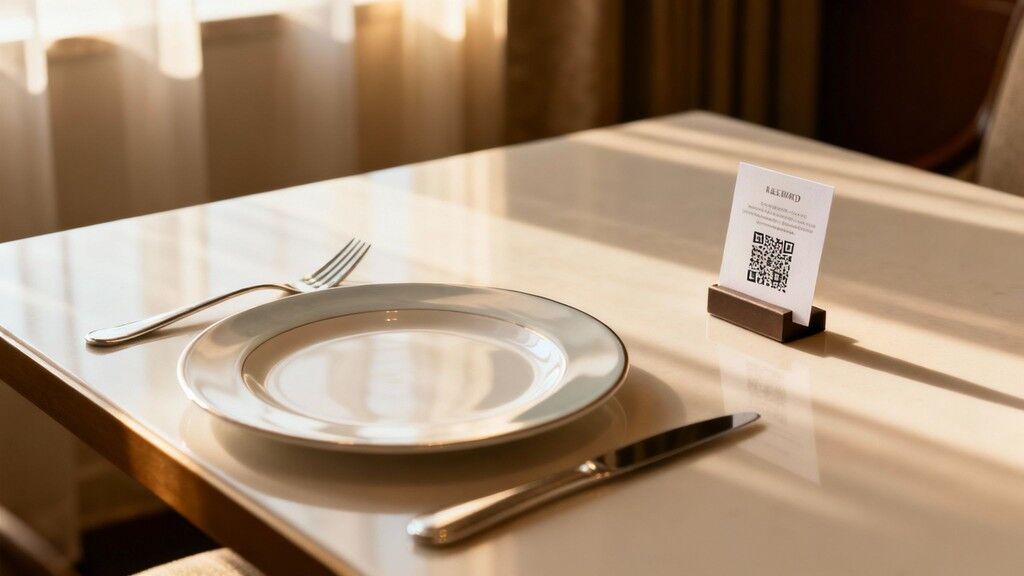 Elegant dining table setting with a plate, cutlery, and a QR code stand for feedback.